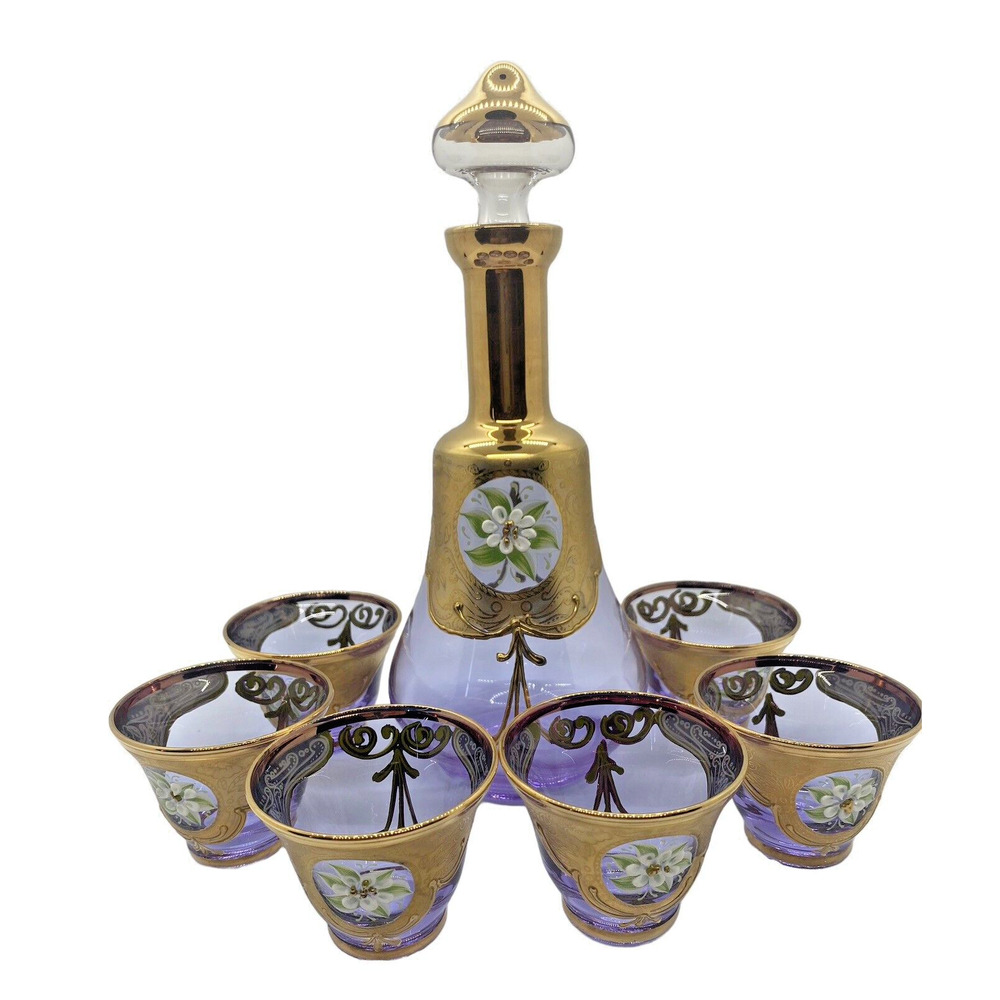 Vintage MCM Lavender Purple Gilded Bohemia Decanter Set W/ 6 Glasses